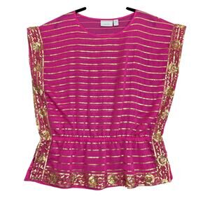 Chico's Sheer‎ Pink Gold Sequin Peplum Top Large Beach Resort Boho Glam